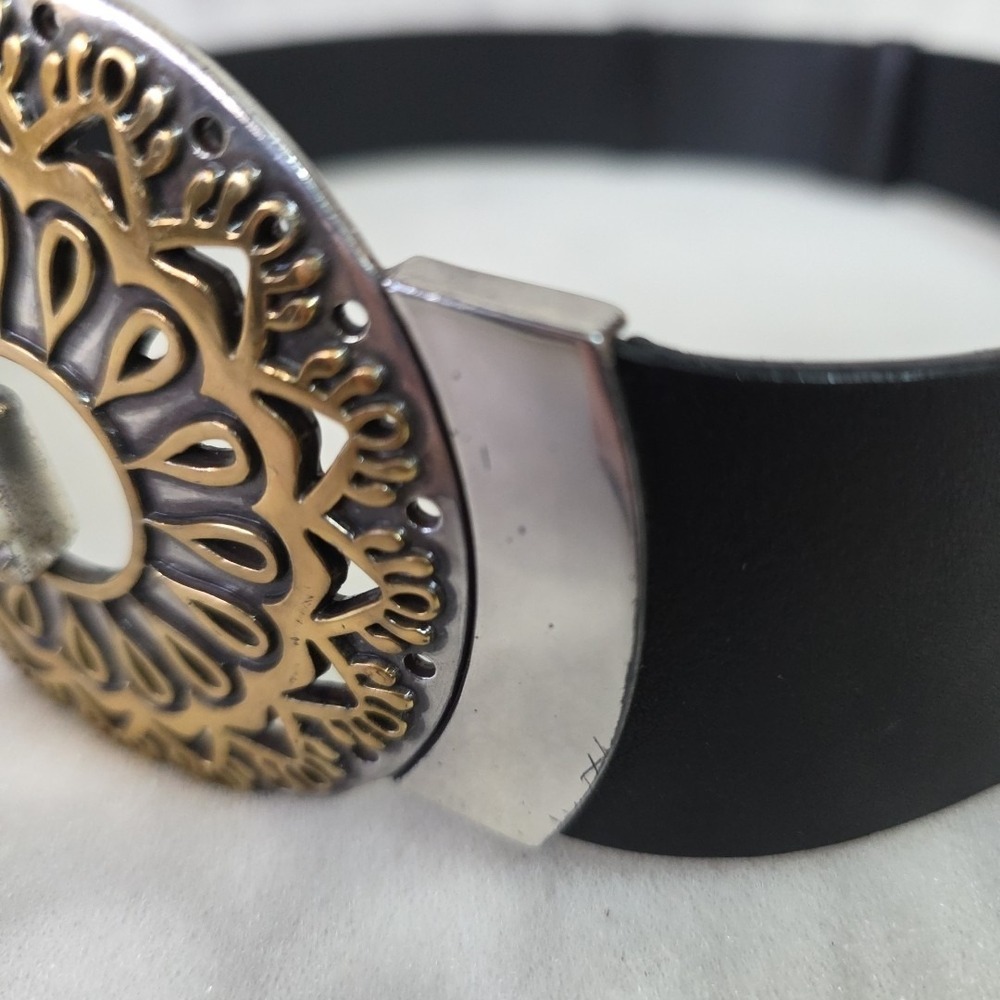 Chico's Black Genuine Leather Belt S/M Boho Mixed Metal Ornate Buckle 30" 2485 - Picture 2 of 12